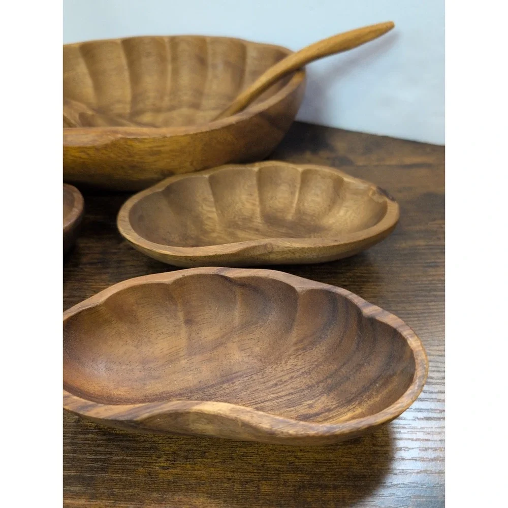 Vtg Handcrafted Wooden Salad Bowl Set Large Bowl / 4  Bowls /Salad & Utensils